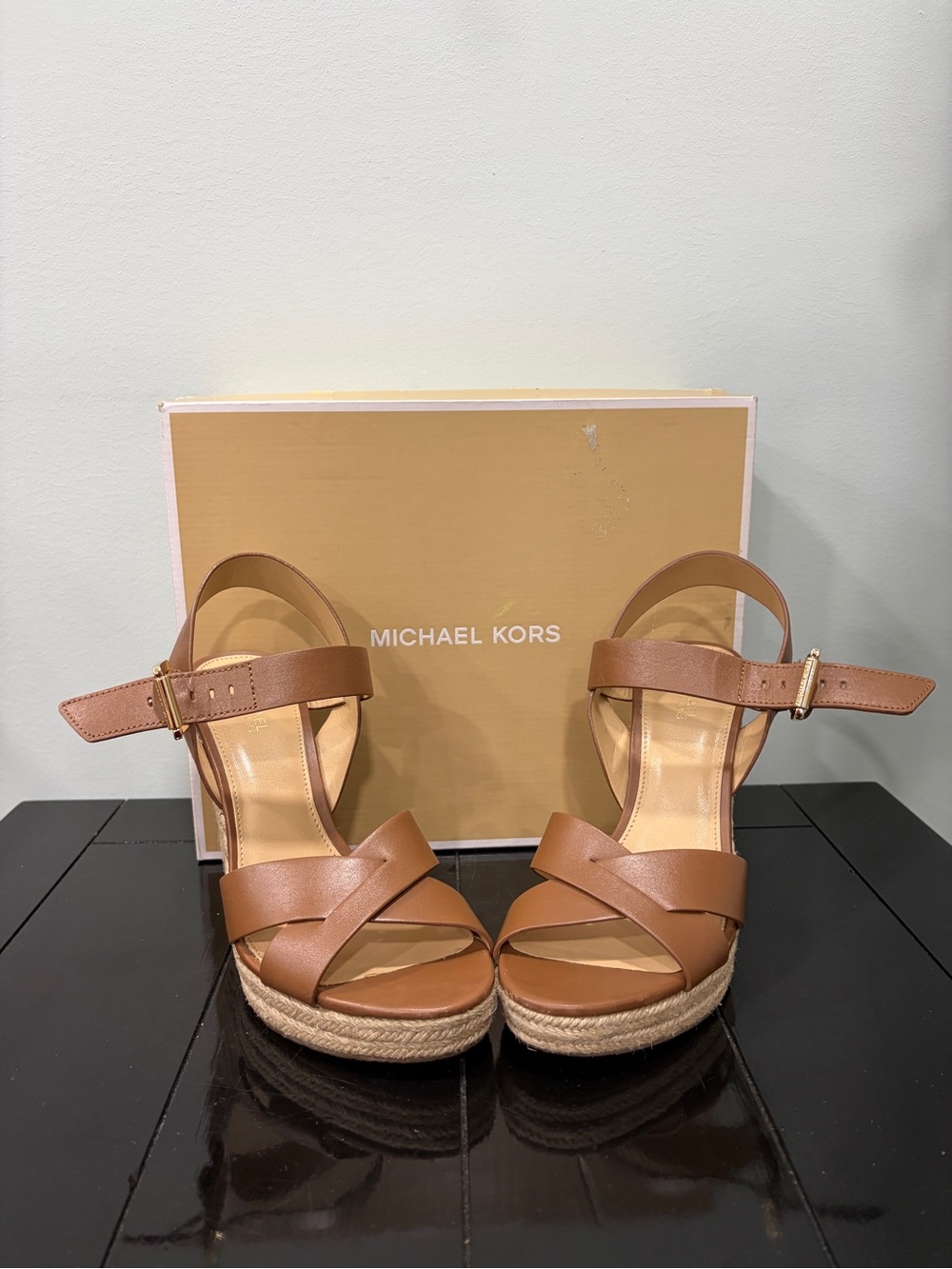 Michael Kors Brown Leather Espadrille Wedge Sandals